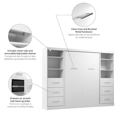 Modubox Nebula Full Murphy Bed and 2 Closet Organizers with Drawers (109W) in White