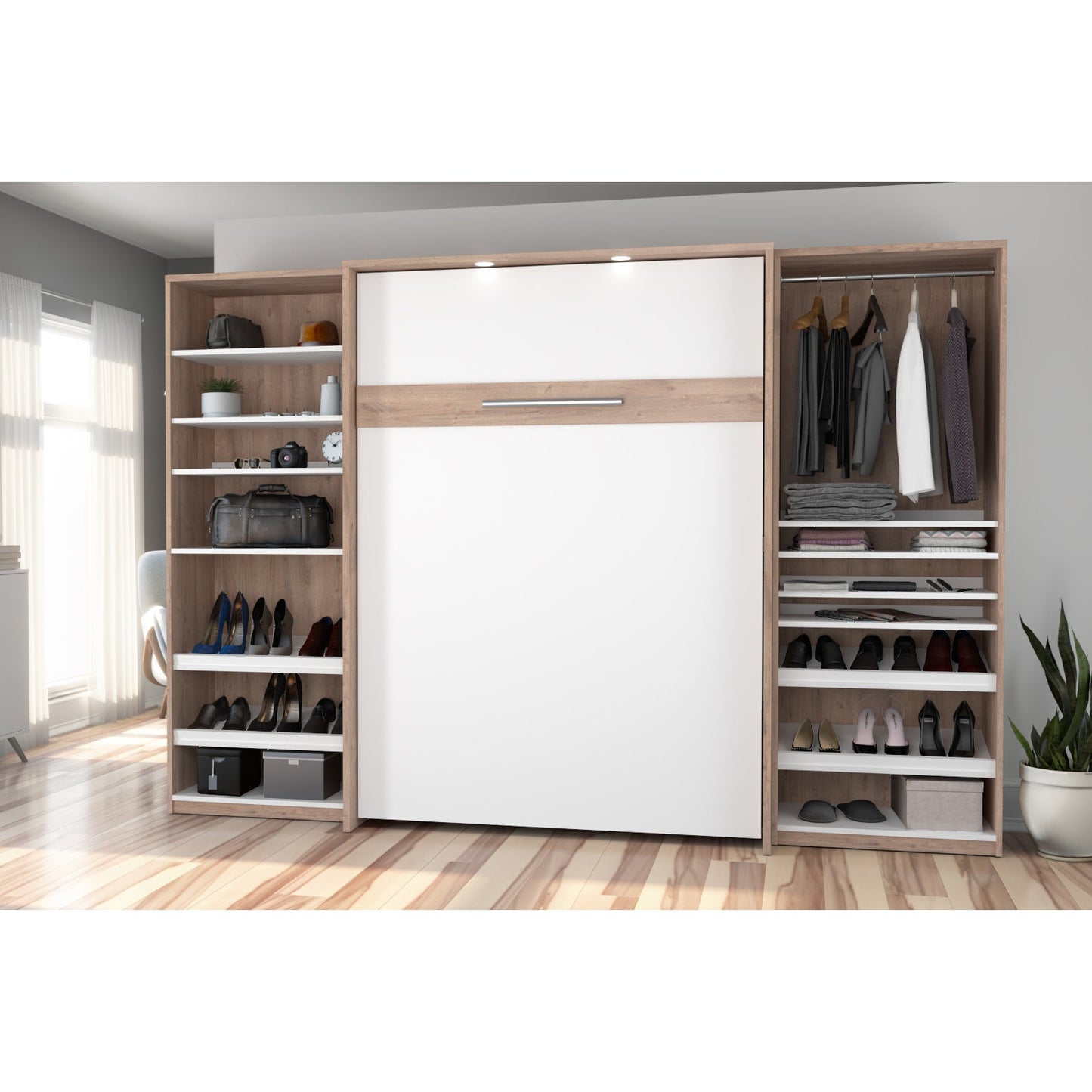 Modubox Cielo Full Murphy Bed with 2 Closet Organizers (119W) in Rustic Brown & White