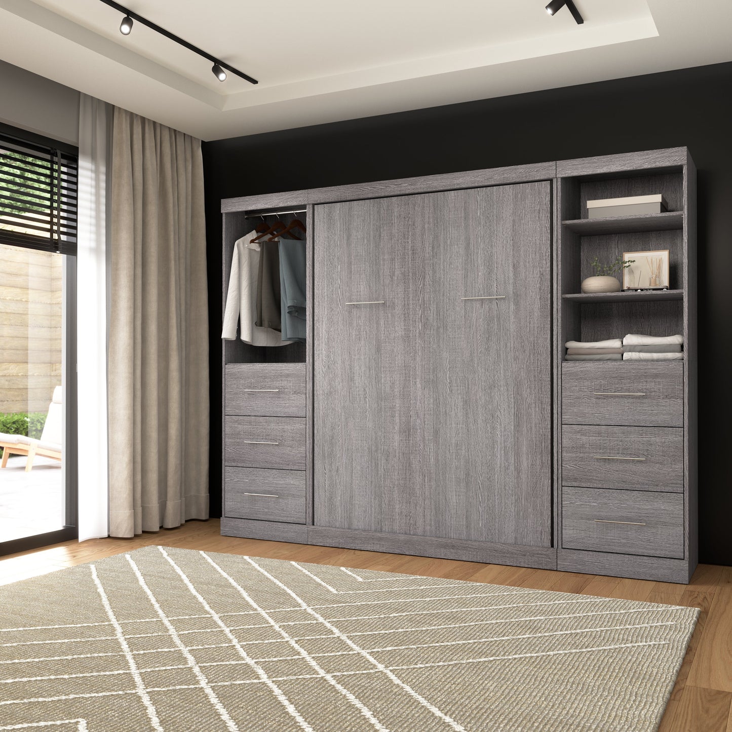 Modubox Nebula Full Murphy Bed and 2 Closet Organizers with Drawers (109W) in Bark Grey