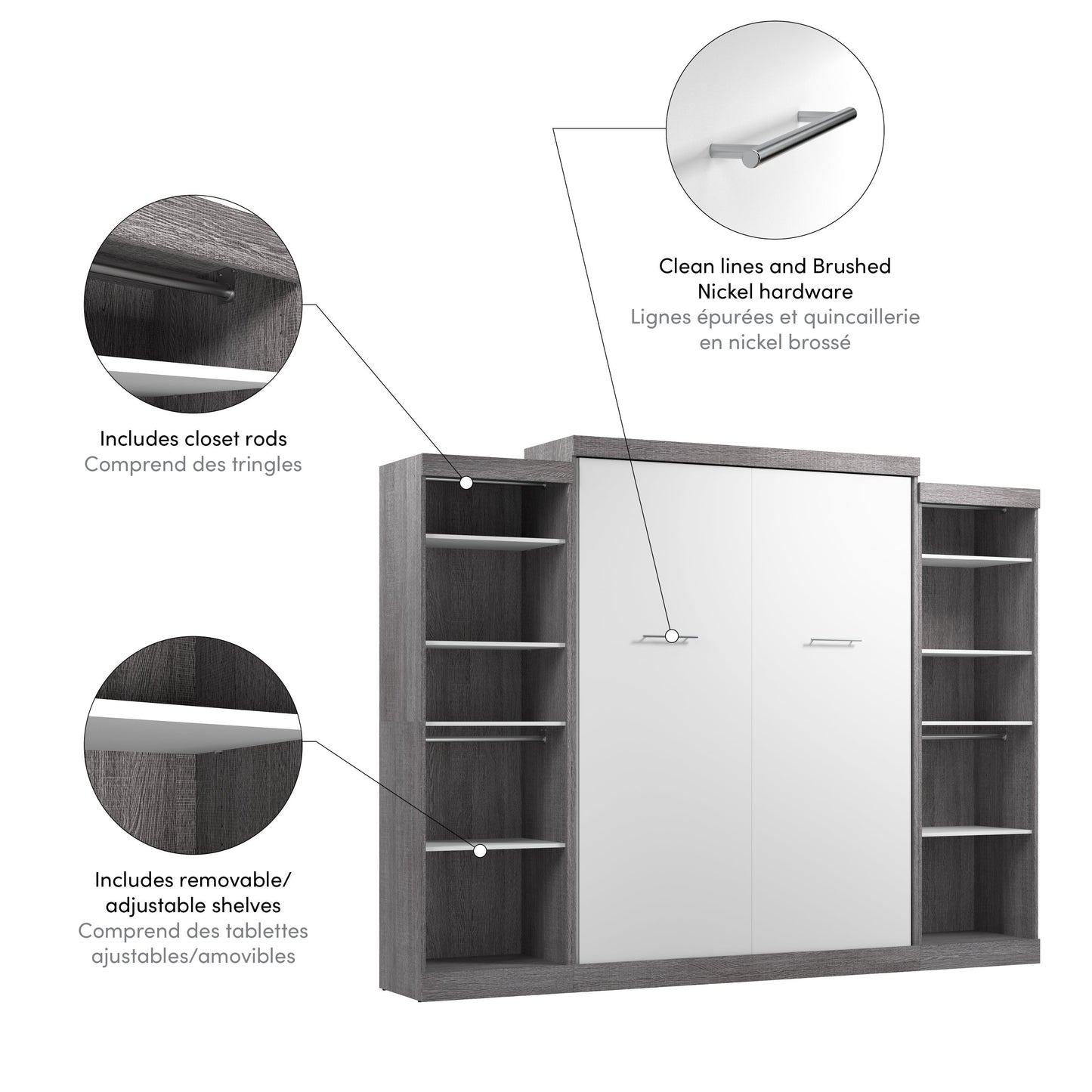 Modubox Nebula Queen Murphy Bed with 2 Closet Organizers (115W) in Bark Grey & White