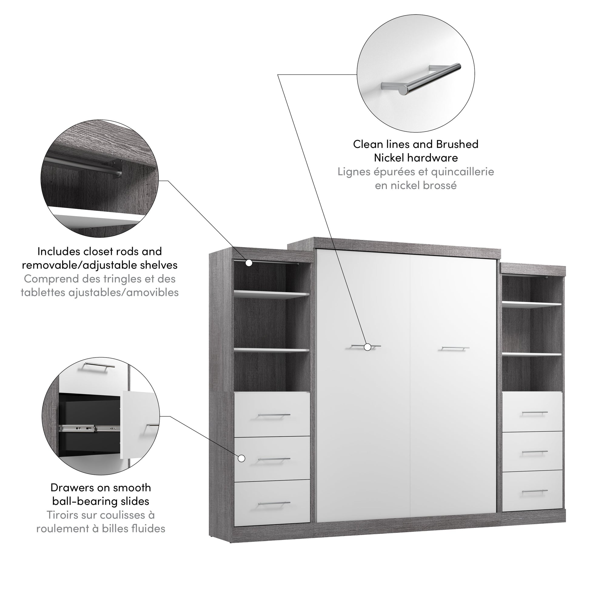 Modubox Nebula Queen Murphy Bed and 2 Closet Organizers with Drawers (115W) in Bark Grey & White