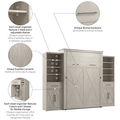 Modubox Key West 117W Queen Murphy Bed and Closet Organizers with Doors and Drawers (119W) in Linen White Oak