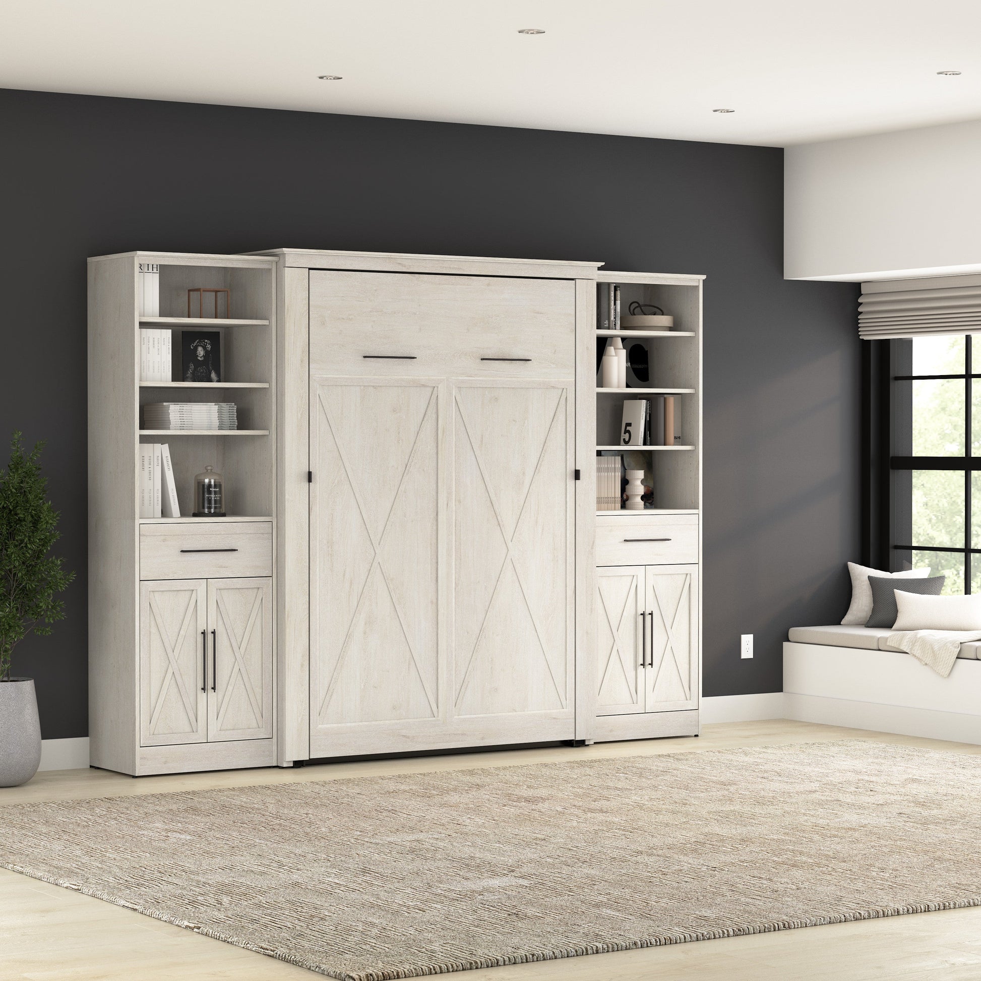 Modubox Key West 111W Full Murphy Bed and Closet Organizers with Doors and Drawers (113W) in Linen White Oak