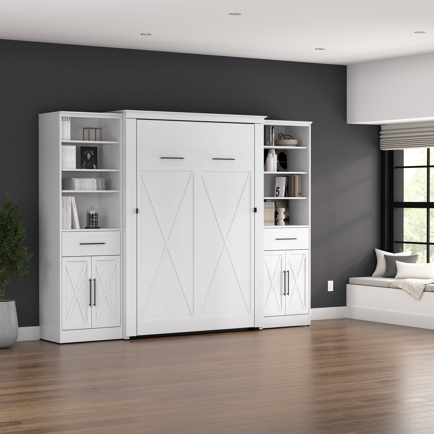 Modubox Key West 111W Full Murphy Bed and Closet Organizers with Doors and Drawers (113W) in Pure White Oak