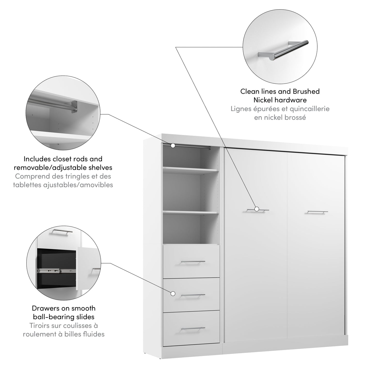 Modubox Nebula Full Murphy Bed and Closet Organizer with Drawers (84W) in White