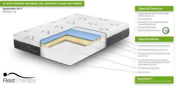 Rest Therapy Mattress 10 Inch Renew Bamboo Gel Memory Foam Mattress - Available in 4 Sizes