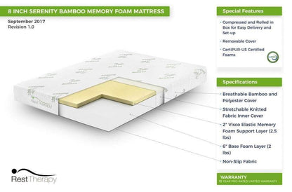 Rest Therapy Mattress 8 Inch Serenity Bamboo Memory Foam Mattress - Available in 4 Sizes