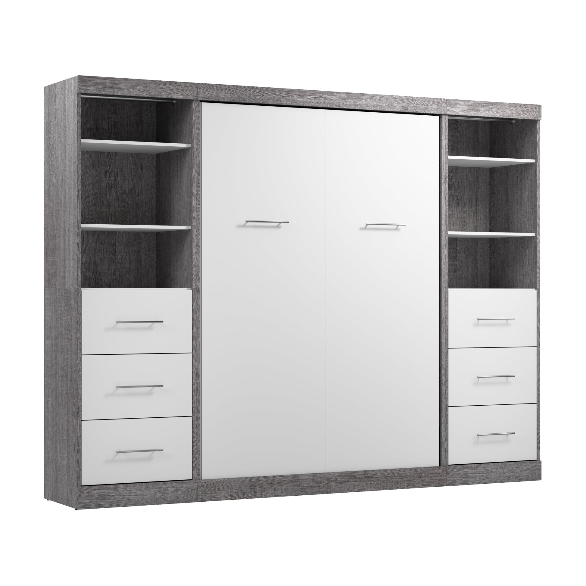 Modubox Nebula Full Murphy Bed and 2 Closet Organizers with Drawers (109W) in Bark Grey & White