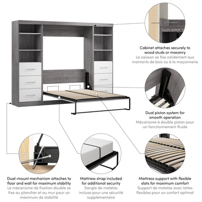 Modubox Nebula Full Murphy Bed and 2 Closet Organizers with Drawers (109W) in Bark Grey & White