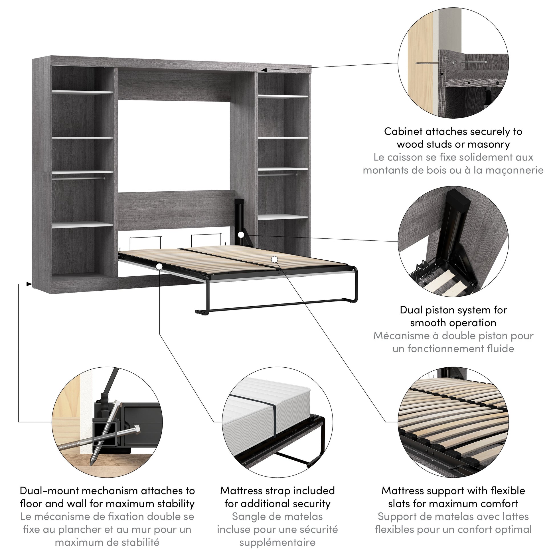 Modubox Nebula Full Murphy Bed and 2 Closet Organizers (109W) in Bark Grey & White