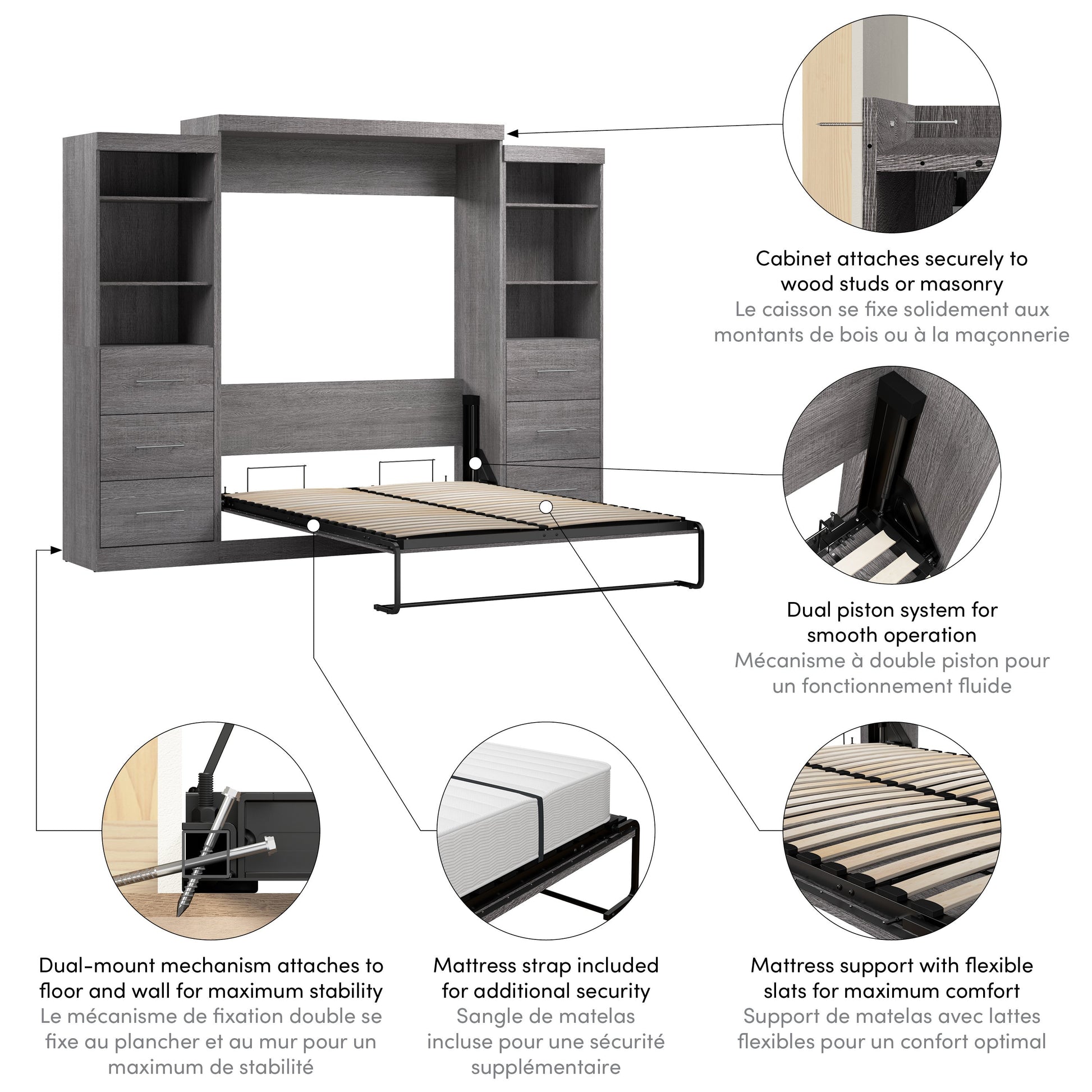 Modubox Nebula Queen Murphy Bed and 2 Closet Organizers with Drawers (115W) in Bark Grey