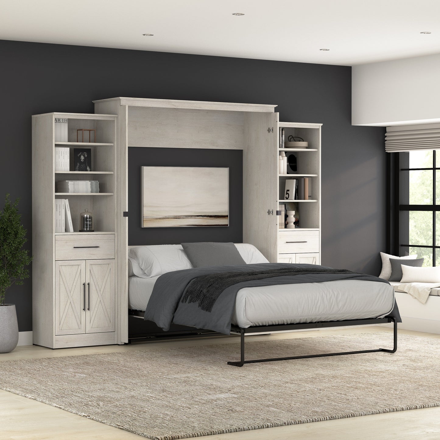 Modubox Key West 117W Queen Murphy Bed and Closet Organizers with Doors and Drawers (119W) in Linen White Oak