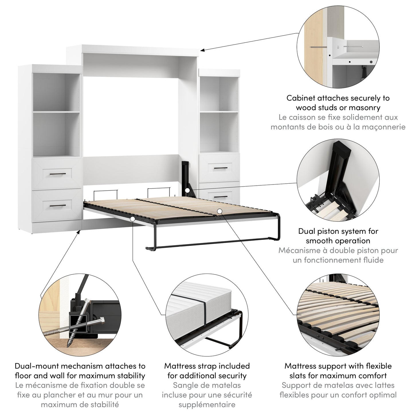 Modubox Edge 116W Queen Murphy Bed and Closet Organizers with Drawers (115W) in White