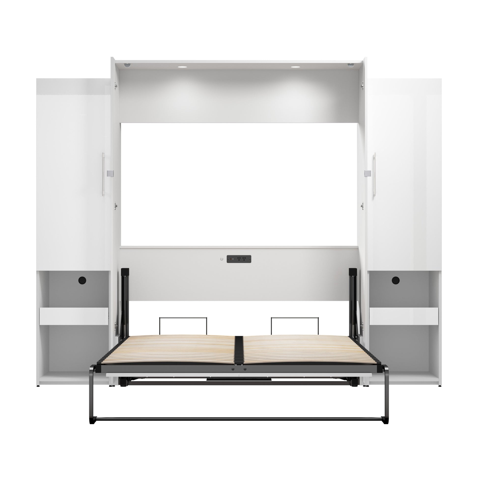 Modubox Avalon High Gloss Queen Murphy Bed and Storage Cabinets with Pull-Out Shelf (107W) in High Gloss White