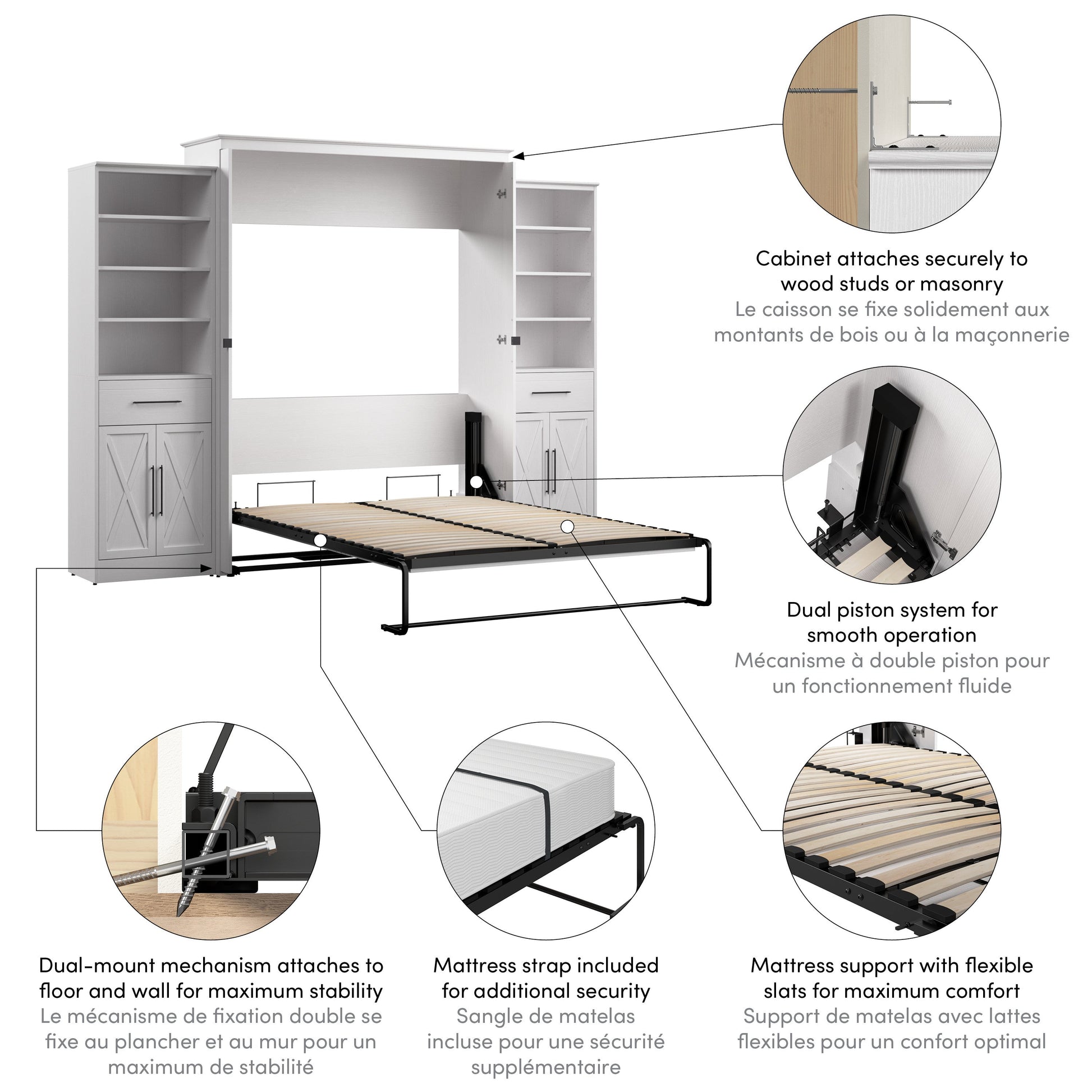 Modubox Key West 117W Queen Murphy Bed and Closet Organizers with Doors and Drawers (119W) in Pure White Oak